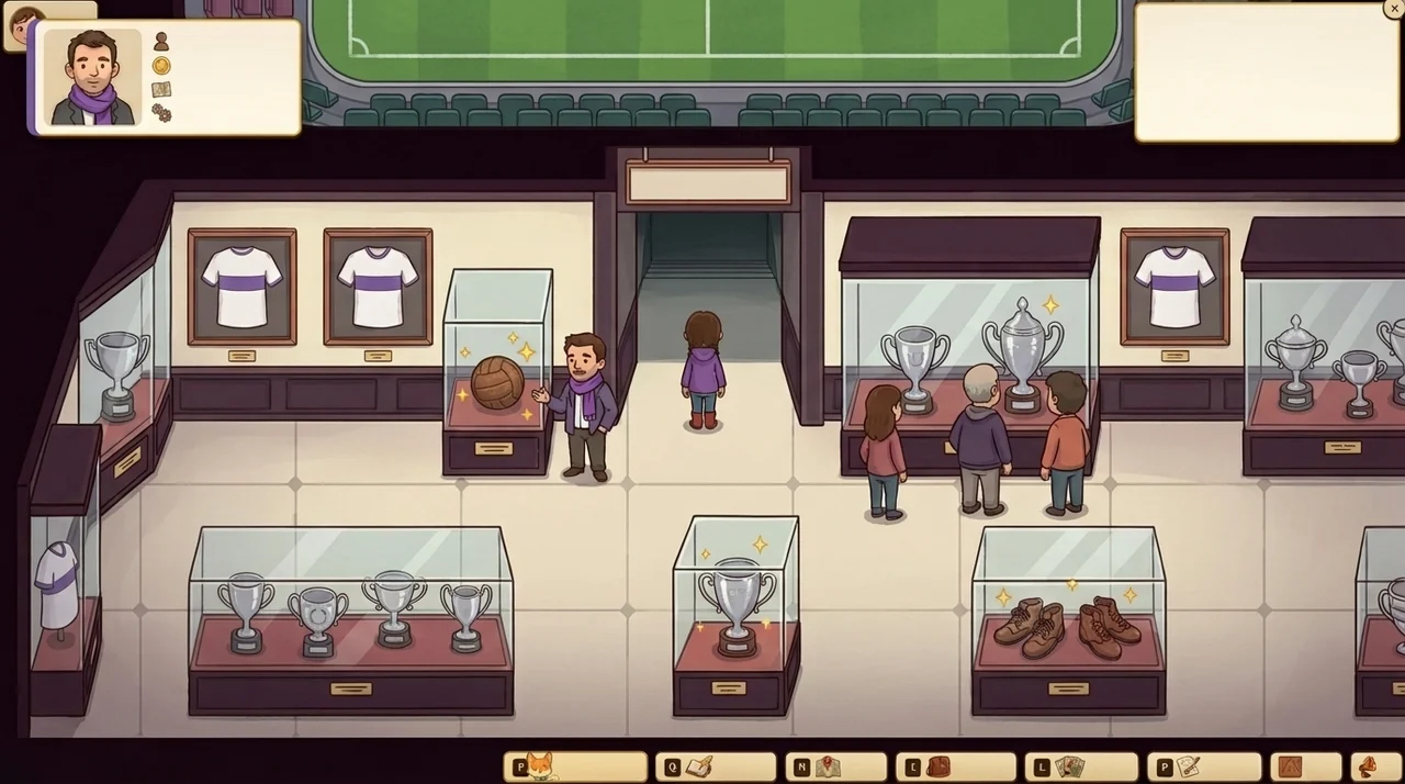 Il·lustració d’exemple: el joc al museu d’un club, amb trofeus i una pilota antiga com a reptes