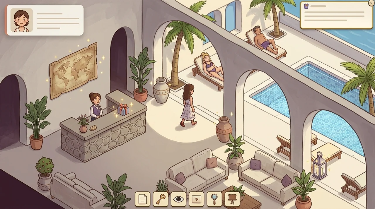 Il·lustració d’exemple: el joc en un hotel mediterrani, amb reptes al vestíbul i a la piscina