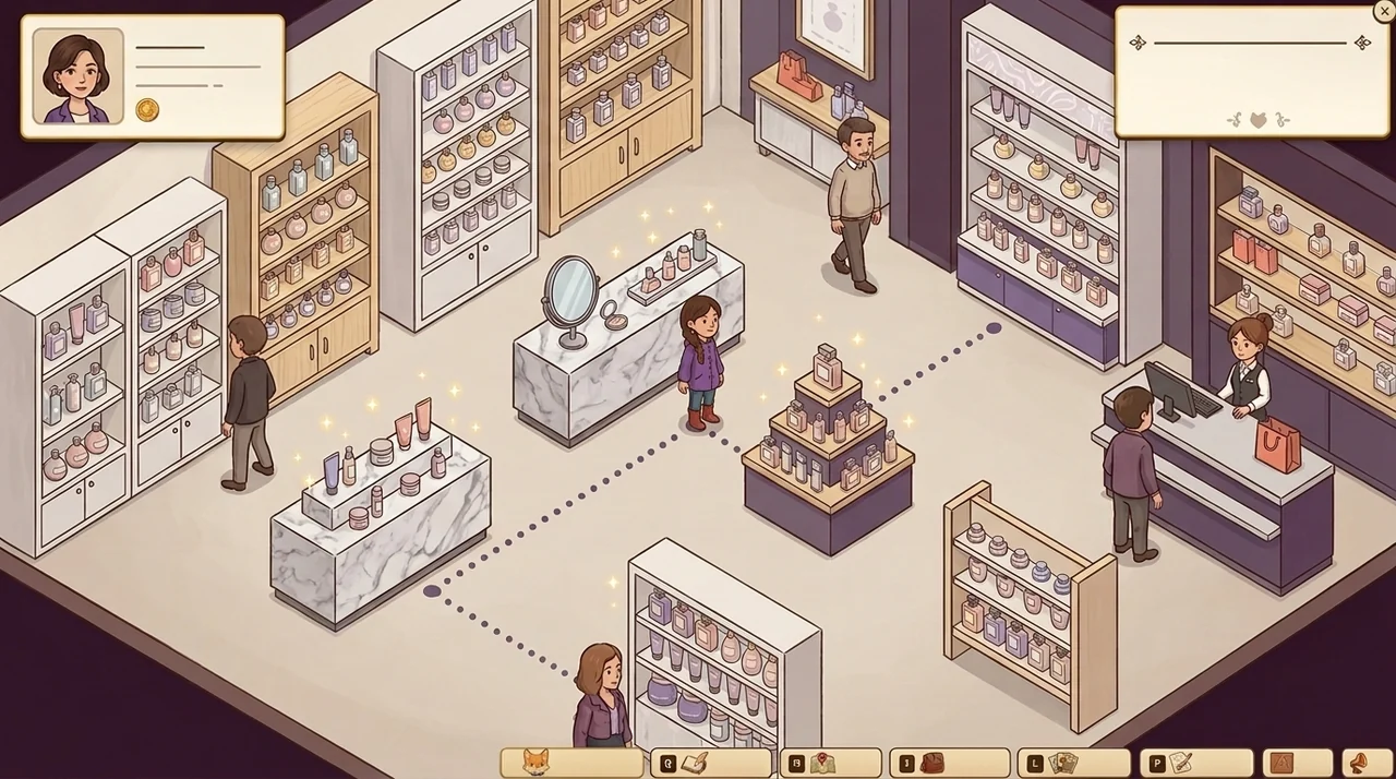 Il·lustració d’exemple: un joc en una perfumeria, amb una ruta entre expositors i un regal a la caixa