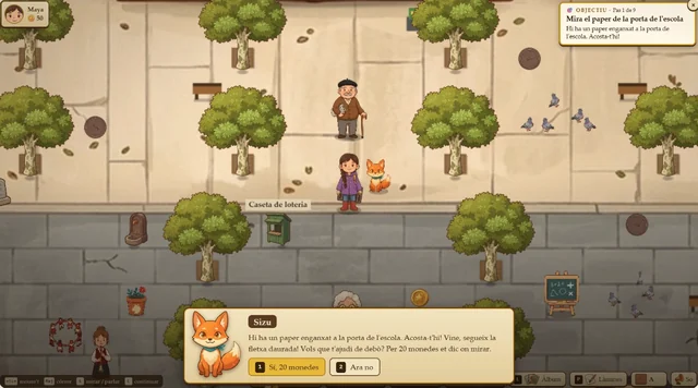 Captura del juego: Maya y Sizu exploran la plaza de Santa Anna y Sizu ofrece una pista