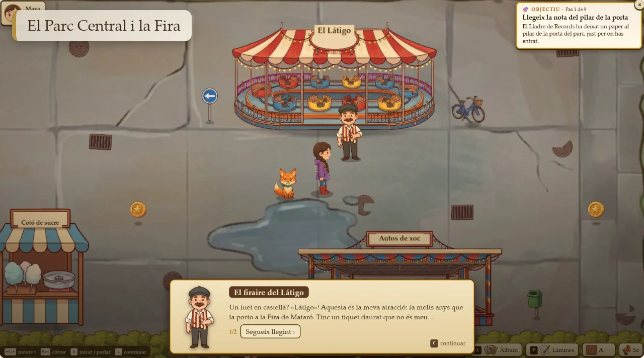 Captura del juego: la protagonista habla con un personaje en la Fira de Mataró