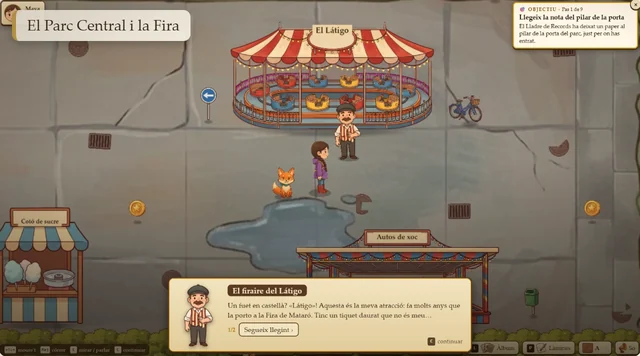 Captura del juego: Maya habla con el feriante del Látigo en la Fira del Parc Central