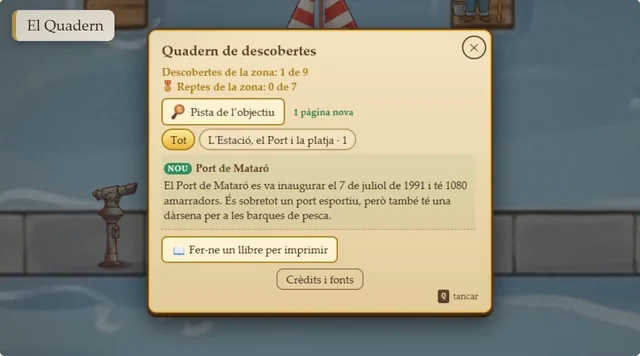 Captura del juego: el Cuaderno de descubrimientos