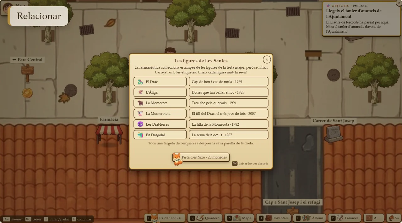 Captura del juego: juego de relacionar las figuras de Les Santes con su descripción
