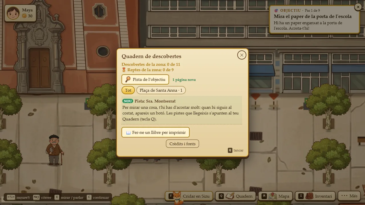 Captura del juego: el Cuaderno de descubrimientos abierto con lo aprendido en la plaza de Santa Anna